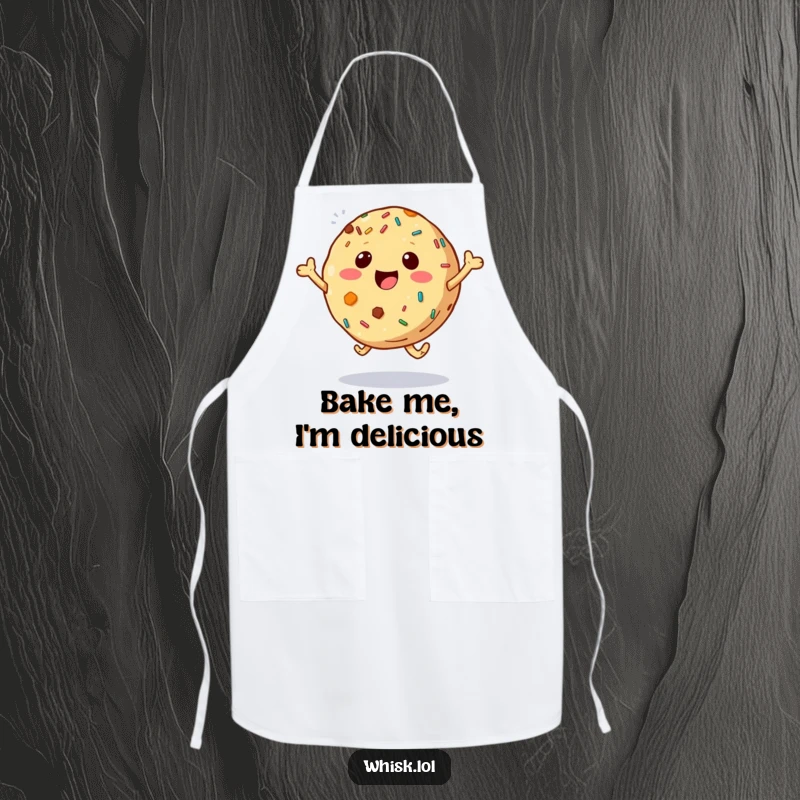 Funny cookie with sprinkles dynamically bouncing while cooking on a chef's apron, adding humor to the kitchen.