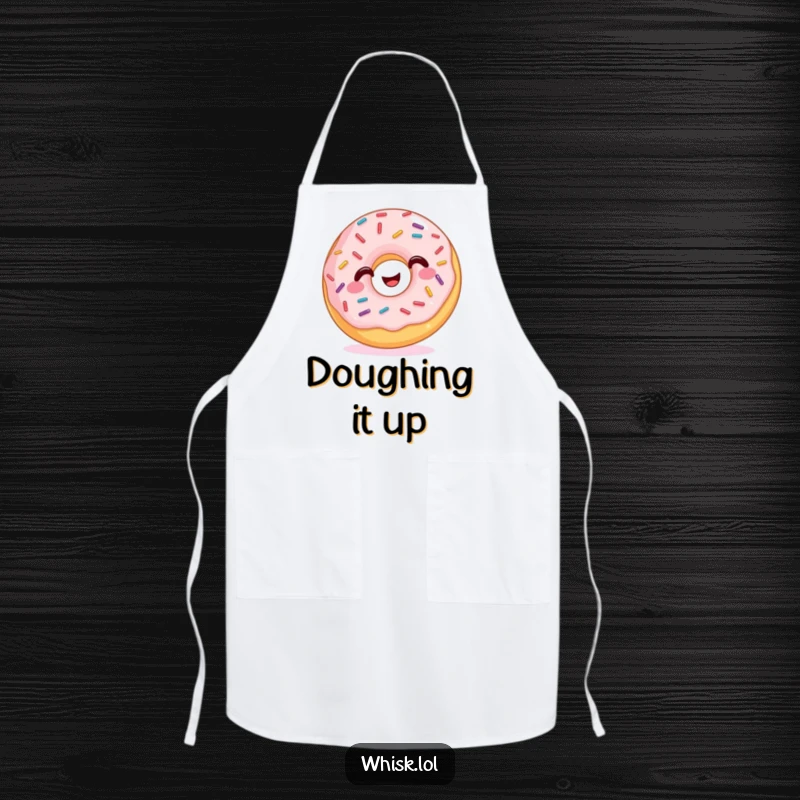 Funny Apron designed with a happy donut covered in cheerfully wiggling sprinkles, ideal for kitchen fun.