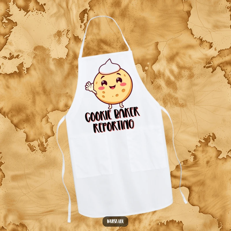 Funny cookie apron, waving hello, ready for baking with a humorous and sweet flair.