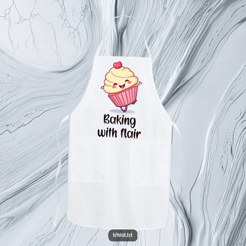 Funny cupcake apron, in a dynamic cartwheel, ready for baking with a humorous and energetic spirit.