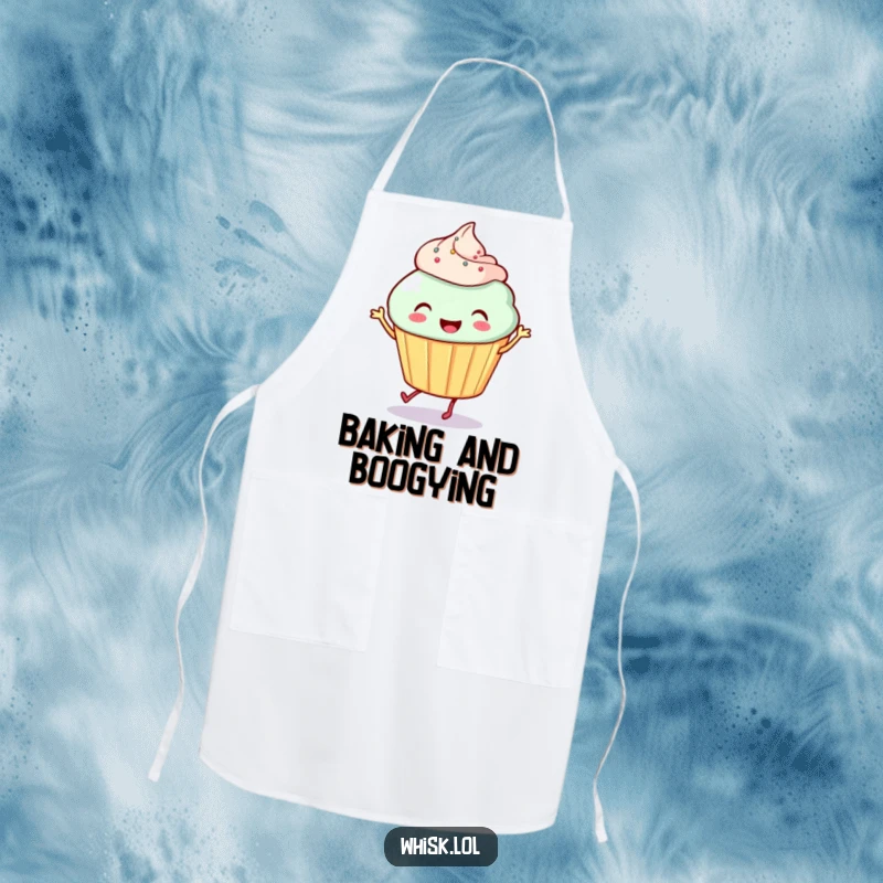 Funny Cupcake Apron: A smiling cupcake with tiny legs dances energetically, perfect for adding a touch of sweet humor while baking.