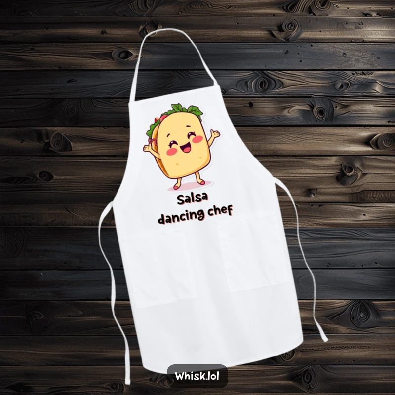 Funny taco apron, dancing with salsa, ready for kitchen fun with a humorous and spicy spirit.