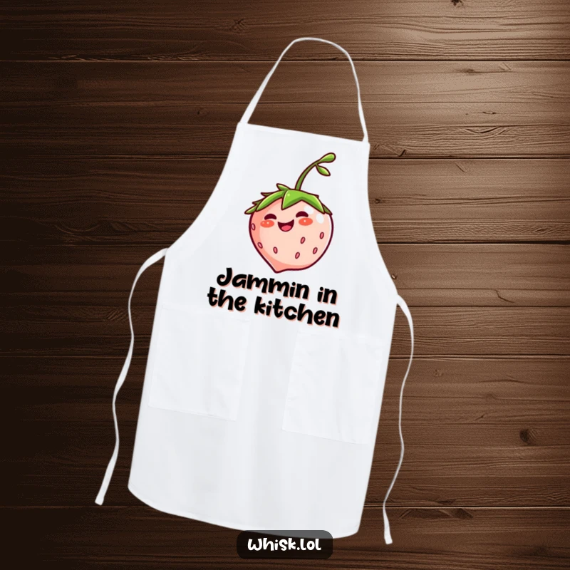 Funny giggling strawberry spinning on a kitchen apron, adding a touch of playful charm to culinary activities.