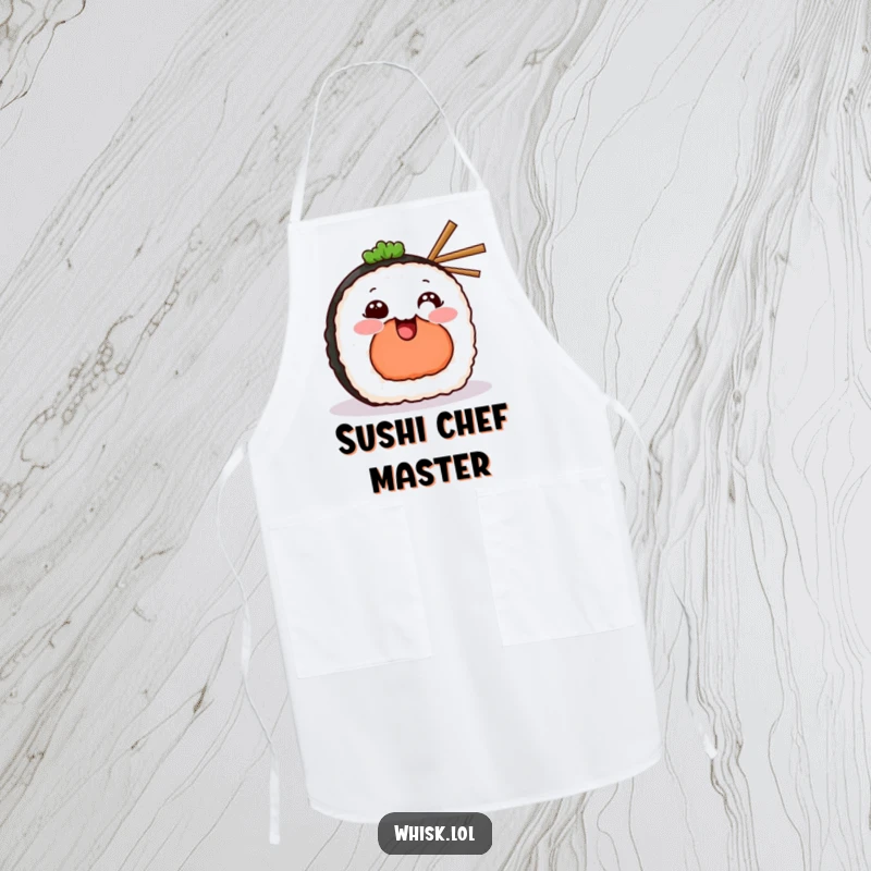 Funny Apron featuring a grinning sushi piece, complete with tiny chopsticks, ready for kitchen fun.