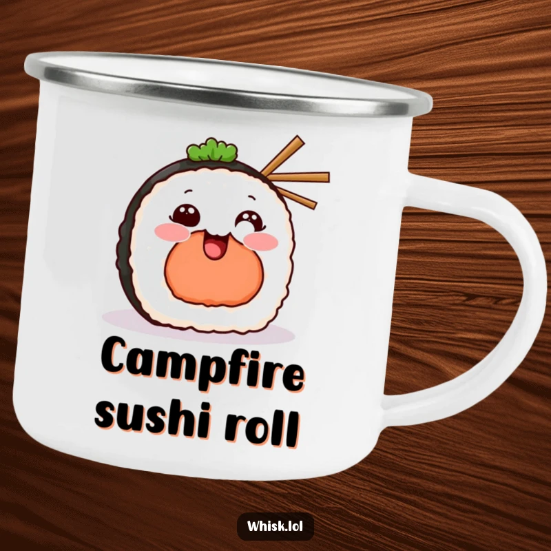 Funny Camping Mug showcasing a grinning sushi piece holding tiny chopsticks, ready for outdoor enjoyment and cheerful sips.
