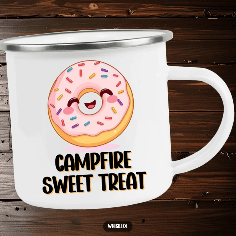 Funny Camping Mug showcasing a happy donut with numerous wiggling sprinkles, ready for outdoor enjoyment and cheerful sips.