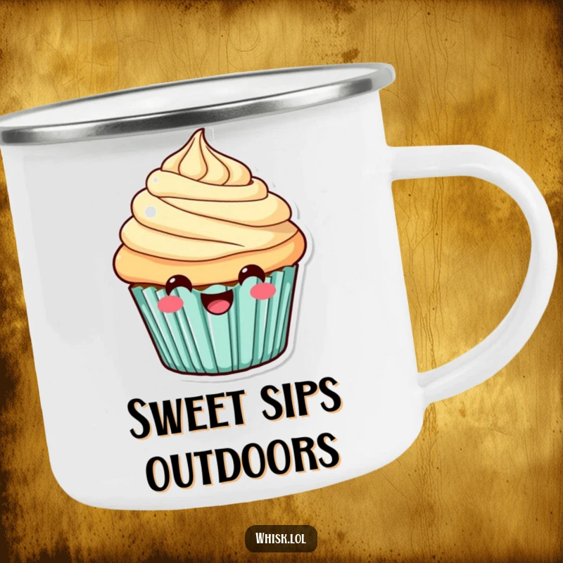 Funny Camping Mug showcasing a smiling cupcake with swirled frosting, ready for outdoor enjoyment and cheerful sips.