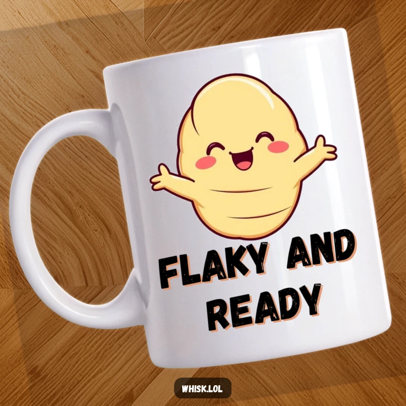 Funny Mug featuring a happy croissant with arms wide open, inviting a cozy, baked-good hug.