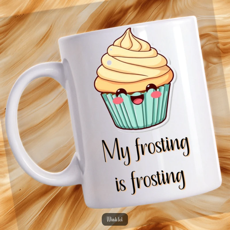 Funny Mug featuring a joyful cupcake with swirled frosting and a big, happy smile, spreading cheer with every sip.