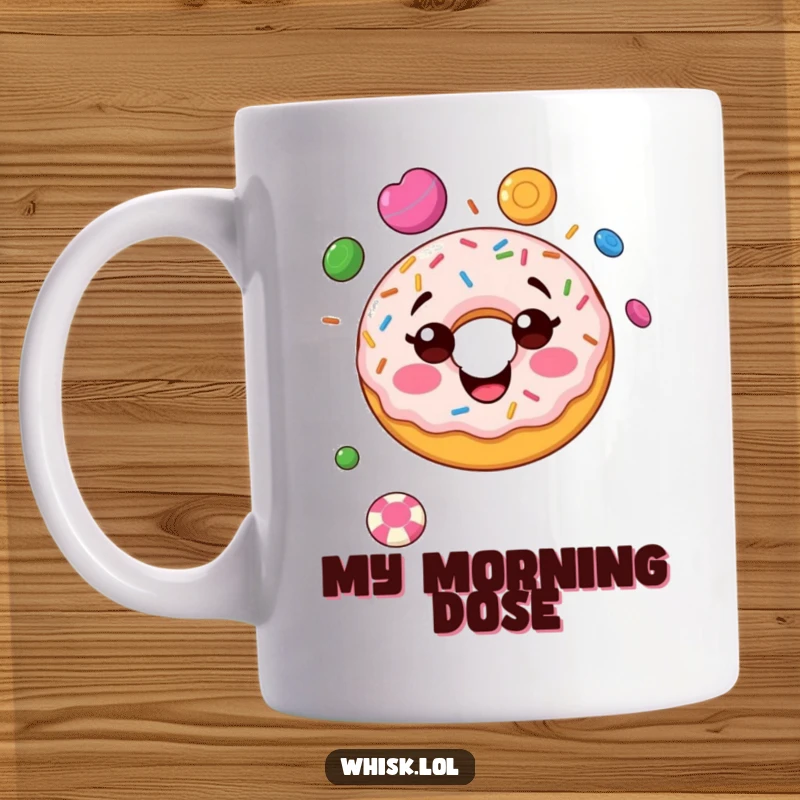 Funny donut mug, joyfully juggling colorful candies, a sweet and humorous treat for the eyes.