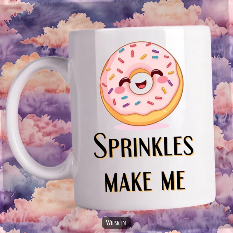 Funny Mug featuring a happy donut with colorful sprinkles wiggling energetically, radiating pure joy.