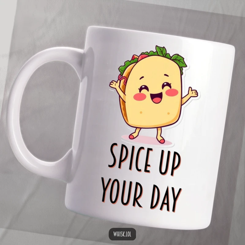 Funny taco mug, dancing energetically with salsa, embodying pure joy and culinary fun.