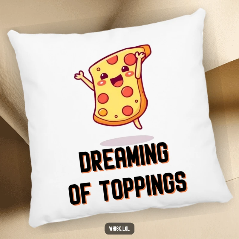 Funny pizza slice performing a delightful somersault on a soft pillow, offering comfort and a cheesy sense of humor.