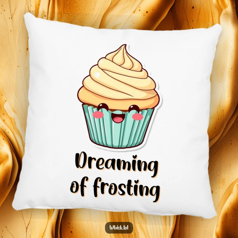 Funny Pillow adorned with a cheerful, smiling cupcake, its frosting a delightful swirl, adding comfort and humor.