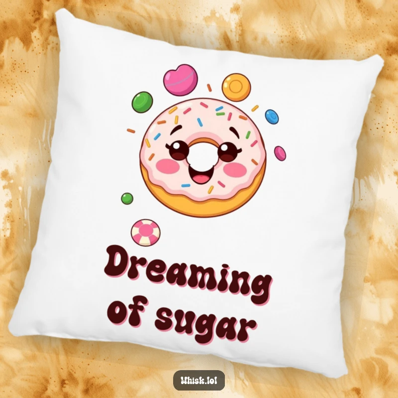 Funny donut pillow, happily juggling, a soft and humorous companion for sweet dreams.