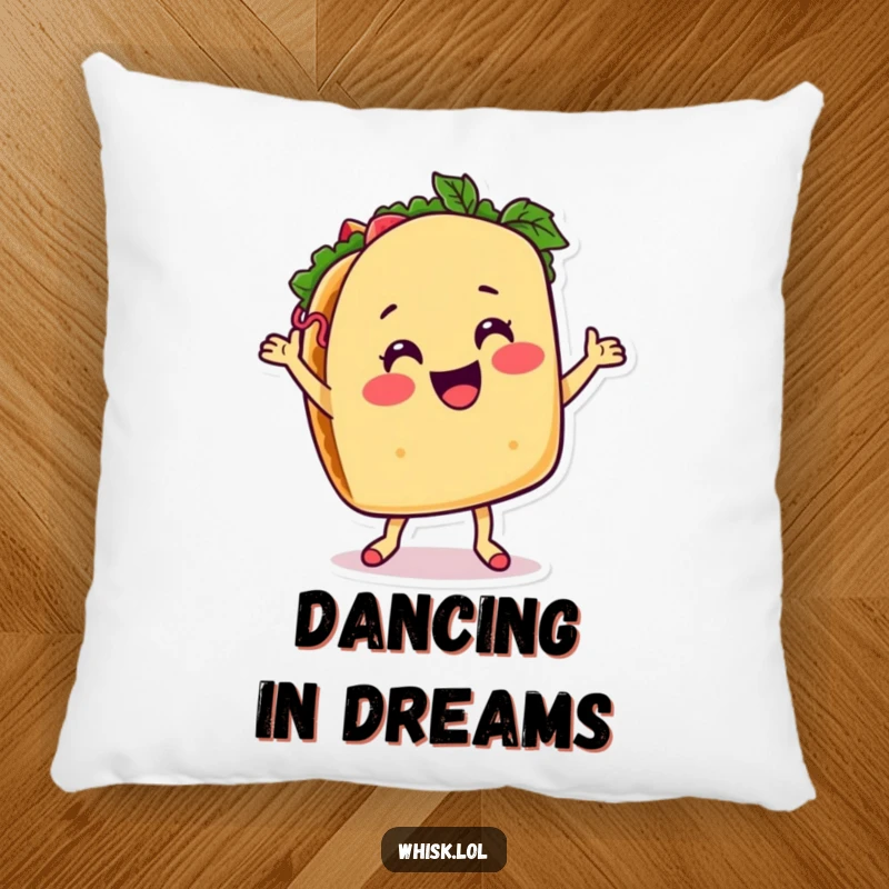 Funny taco pillow, dancing with salsa, a soft and humorous companion for festive relaxation.