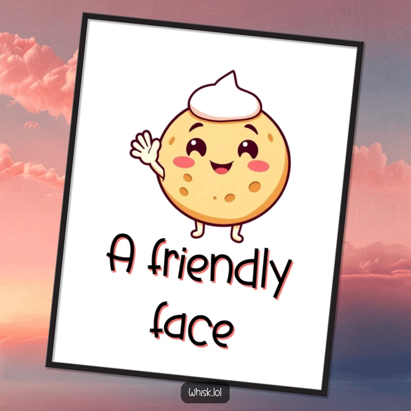Funny cookie digital art print, waving hello happily, bringing sweet and humorous vibes.