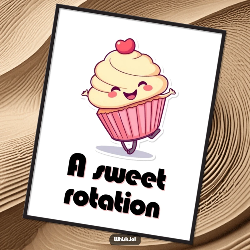 Funny cupcake digital art print, captured mid-cartwheel, bringing playful and humorous vibes.