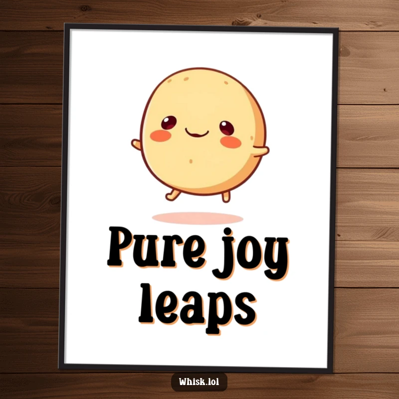 Funny round bread roll with tiny legs happily bouncing, digital art print for a funny gift.
