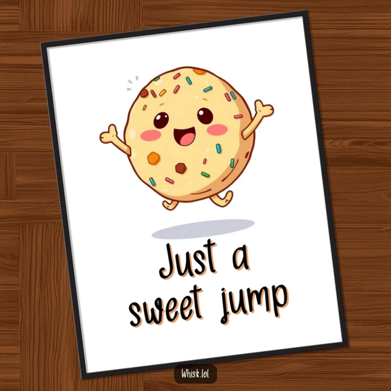 Funny bouncing cookie digital art print with vibrant sprinkles, leaping with delight, perfect for instant cheerful decor.