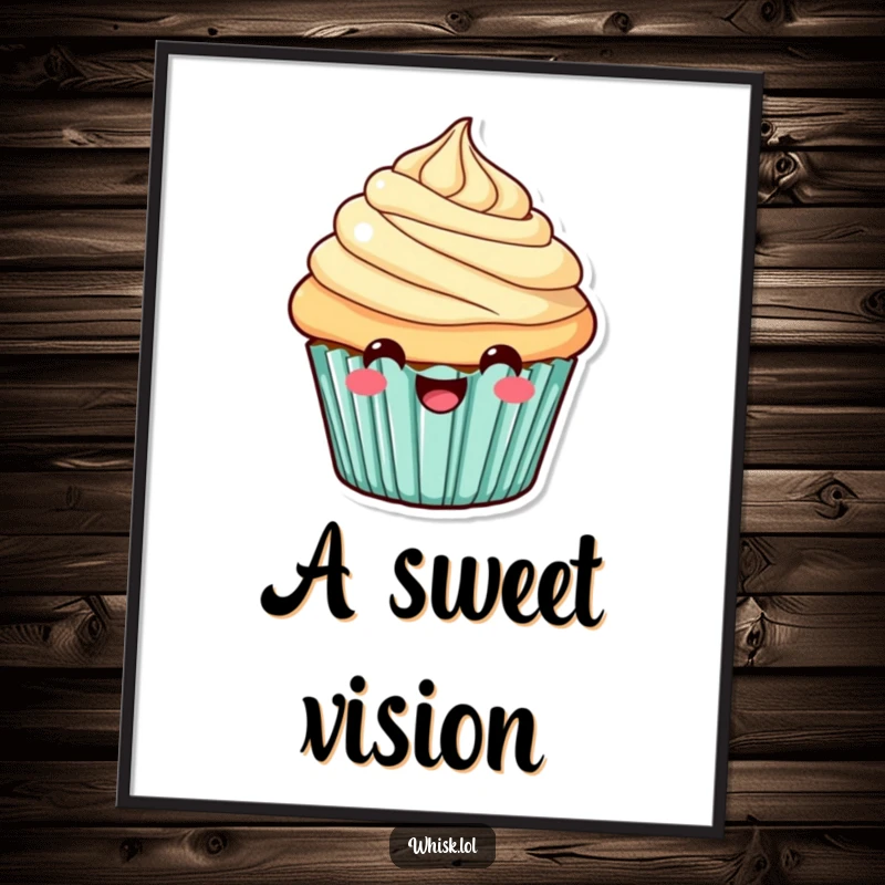 Funny Digital Art Print of a cheerful cupcake with a prominent smile and beautifully swirled frosting, a downloadable dose of happiness.