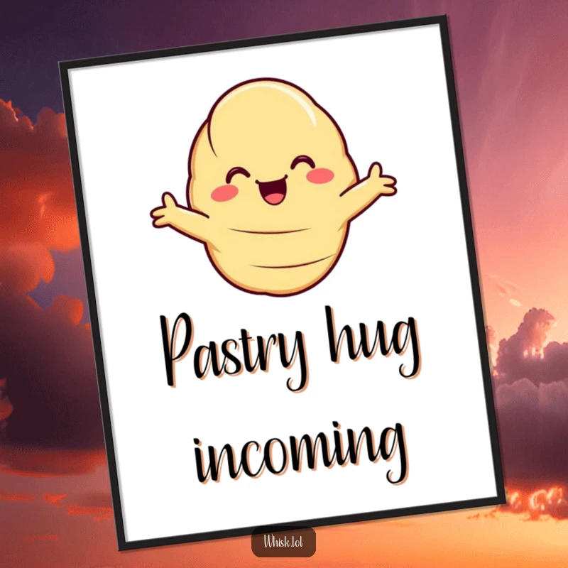 Funny Digital Art Print of a smiling croissant with arms wide open, offering a cheerful and warm baked hug.