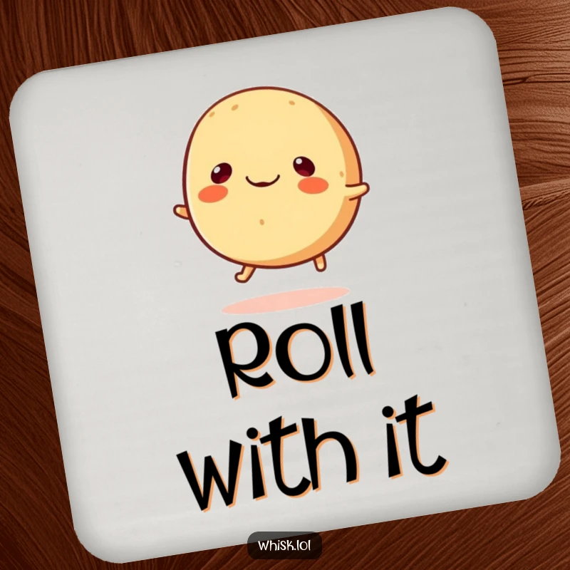 Funny round bread roll with tiny legs happily bouncing, protective coaster for a funny gift.