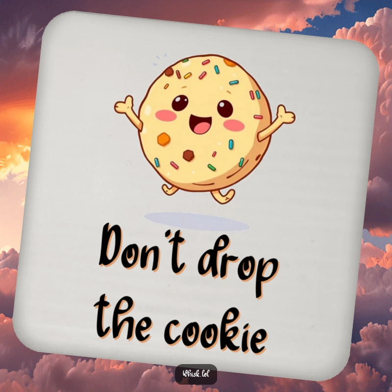 Funny bouncing cookie design on drink coasters, protecting surfaces with a joyful leap and colorful sprinkles.