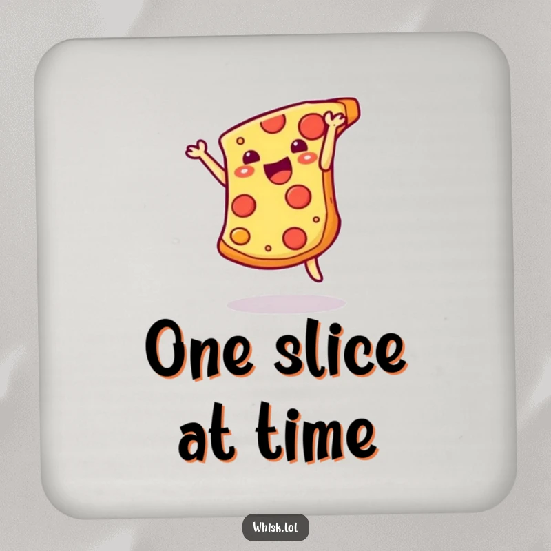 Funny cheesy pizza slice doing a somersault on drink coasters, protecting surfaces with a playful and humorous design.
