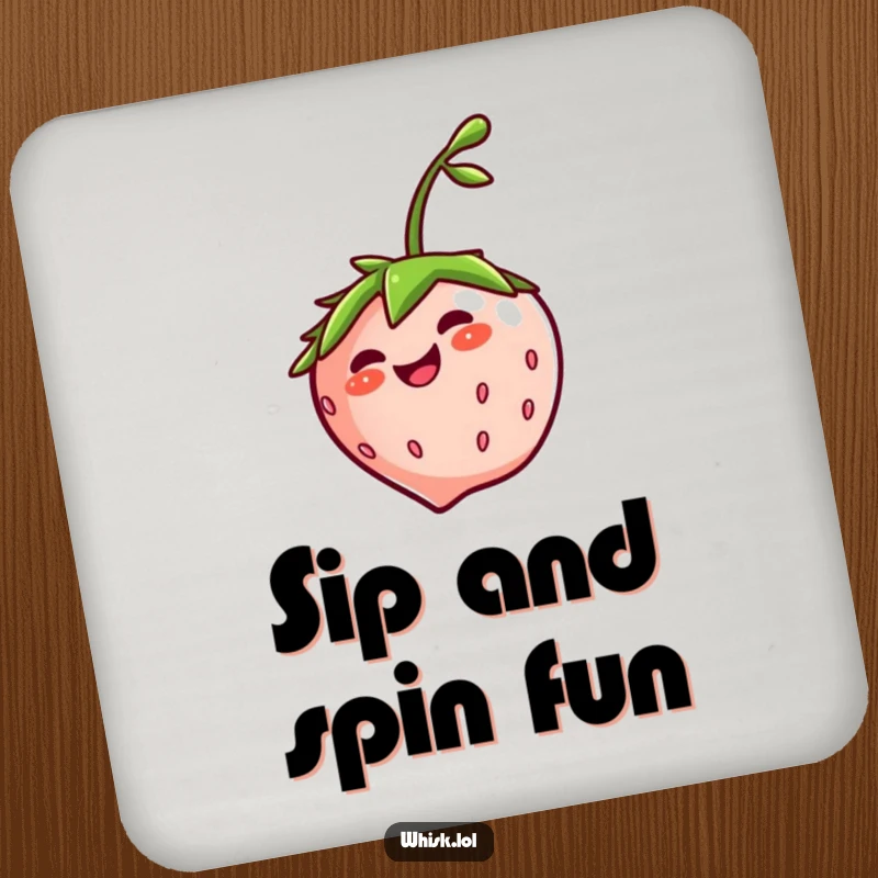 Funny giggling strawberry spinning on drink coasters, protecting surfaces with a cheerful and fruity design.