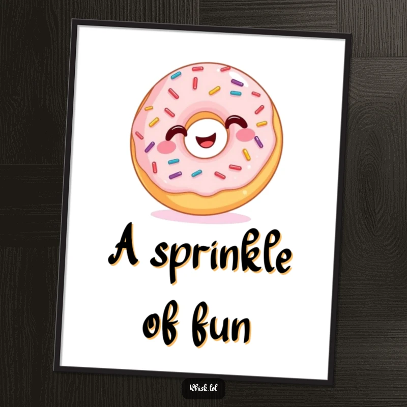 Funny Poster of a happy donut with a joyful expression and a shower of cheerfully wiggling sprinkles.