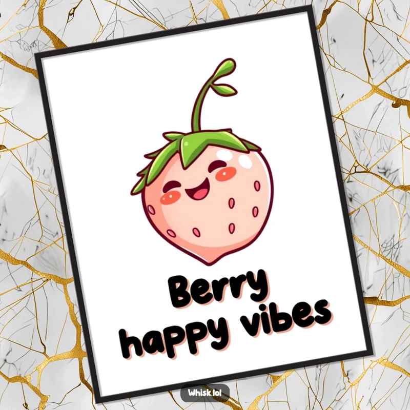 Funny giggling strawberry artwork with a jaunty stem, spinning around joyfully on a poster, adding cheer to decor.