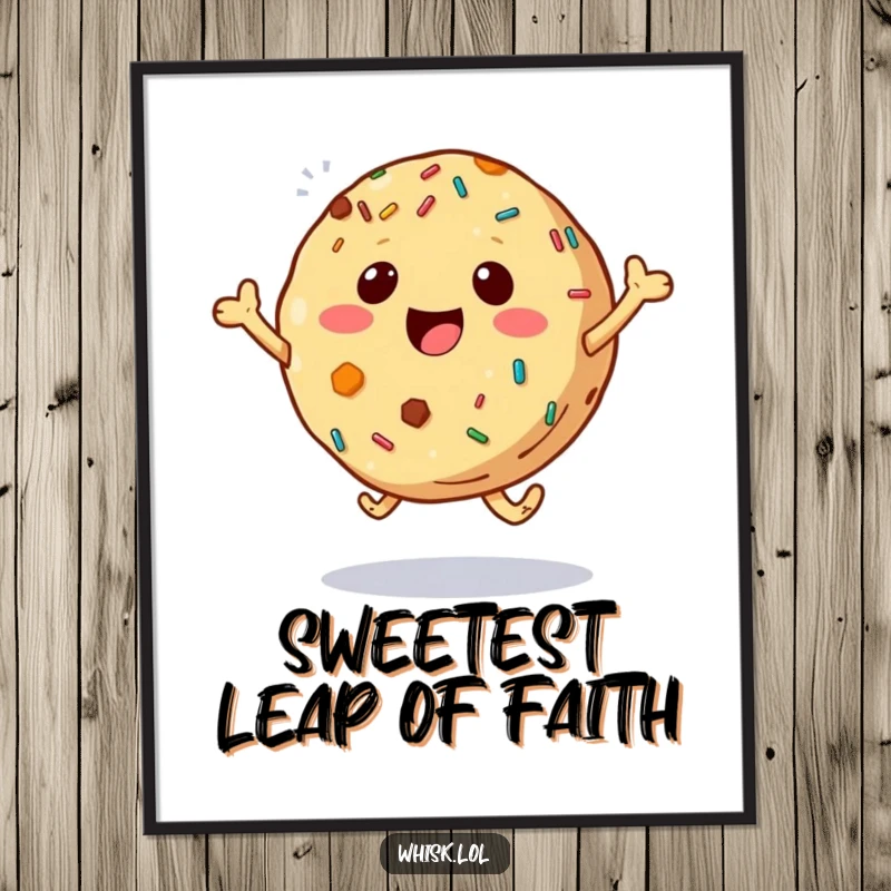 Funny bouncing cookie artwork with colorful sprinkles, leaping with pure joy on a poster, delightful wall art.