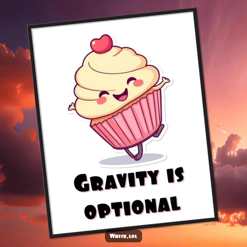 Funny cupcake poster, captured mid-cartwheel, adding a vibrant and humorous touch to wall decor.