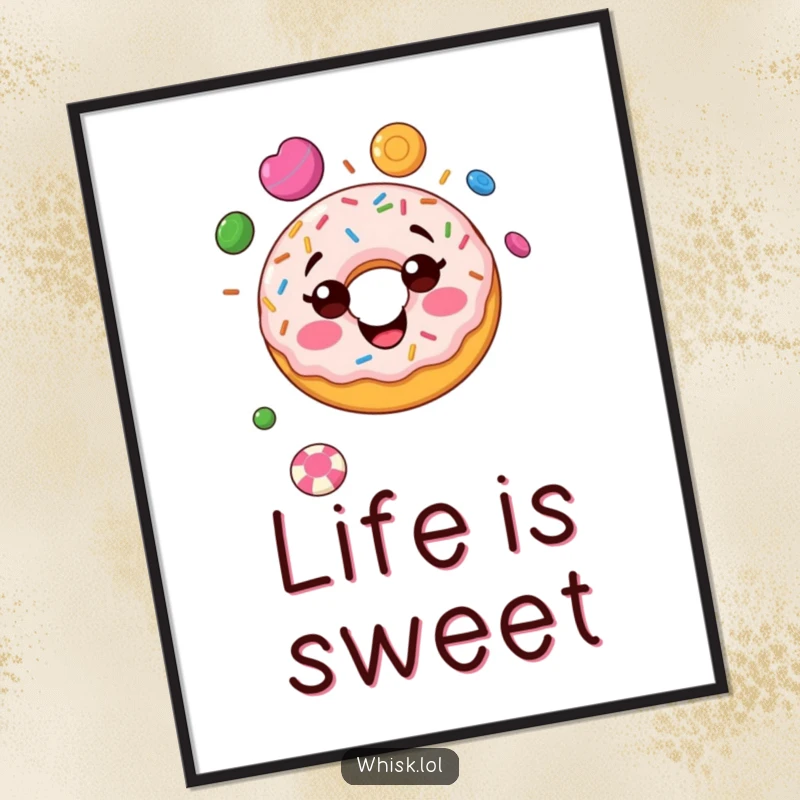 Funny donut poster, mid-juggle with colorful candies, a vibrant and humorous addition to any wall.