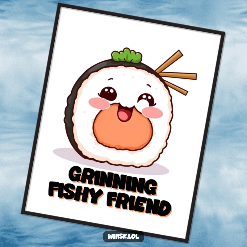 Funny Poster illustration of a sushi piece with a wide, cheeky grin, holding miniature chopsticks.