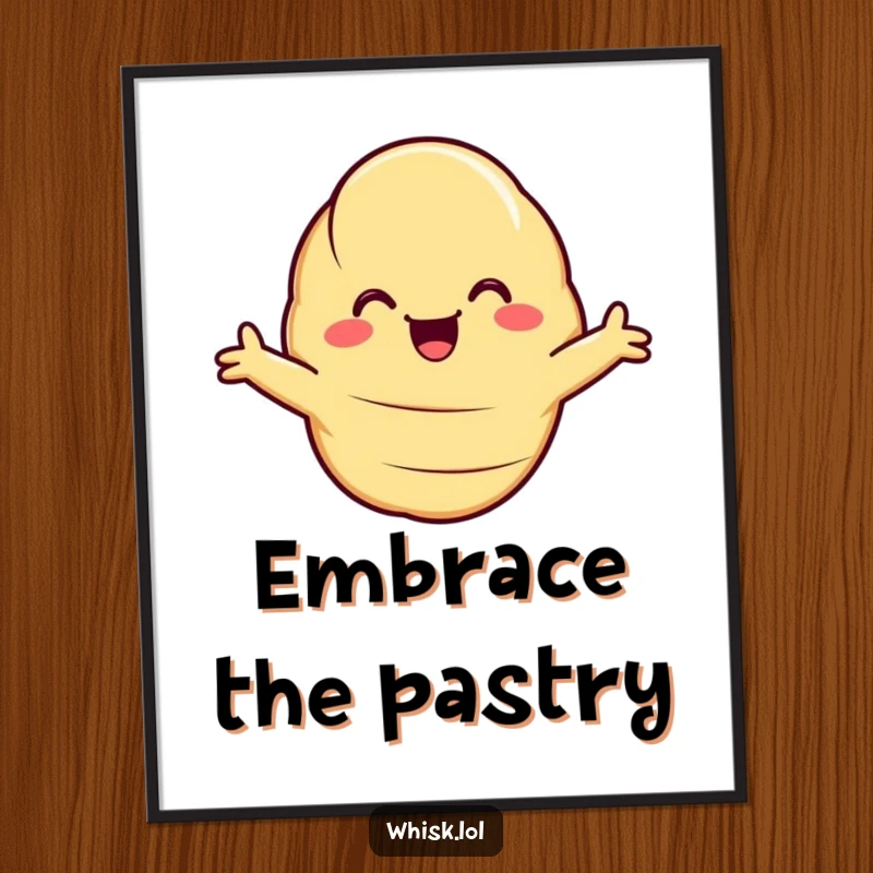 Funny Poster illustration of a smiling croissant with its arms wide open, offering an inviting and cheerful hug.