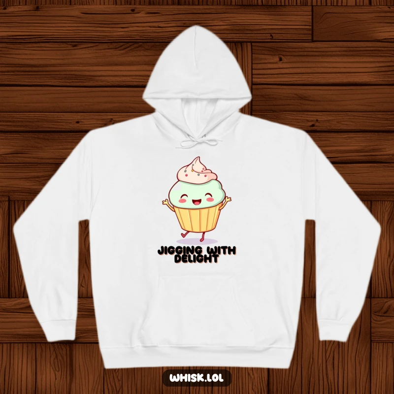 Funny Cupcake Hoodie: A cute smiling cupcake with tiny legs does a happy dance, creating a humorous and sweet scene perfect for staying cozy.