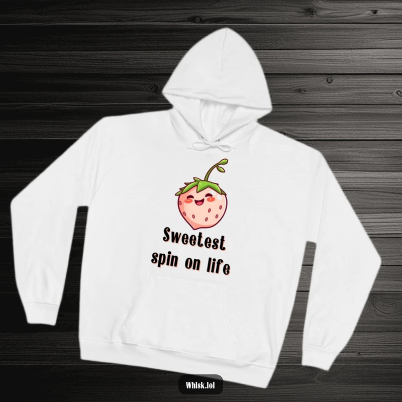Funny giggling strawberry spinning on a cozy hoodie, offering warmth, comfort, and a dose of fruity humor.