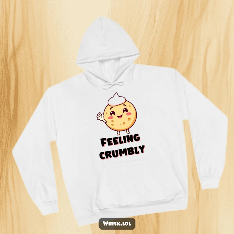 Funny cookie hoodie, waving hello, offering warm comfort and a dose of sweet, friendly humor.