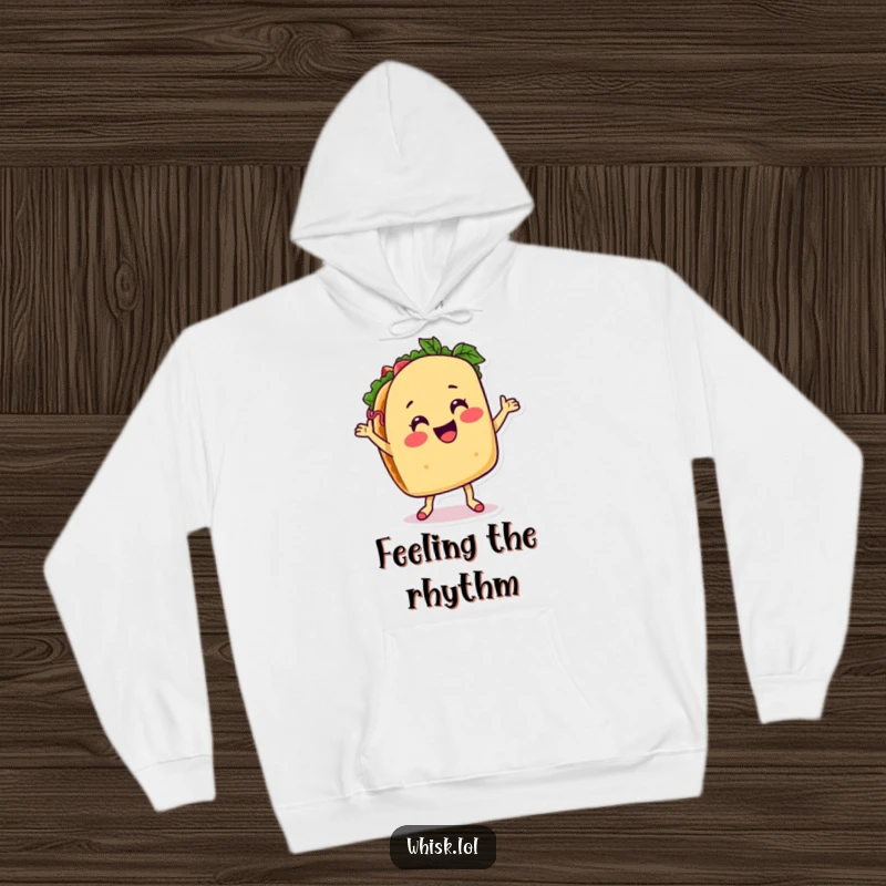 Funny taco hoodie, dancing with salsa, offering warm comfort and a dose of spicy humor.