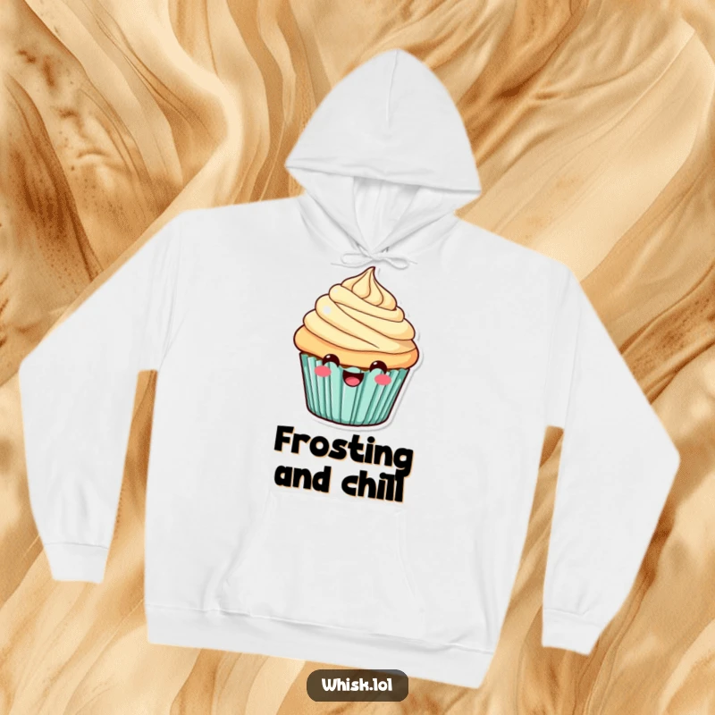 Funny Hoodie with a brightly frosted, smiling cupcake, offering warmth and a cheerful, humorous statement piece.