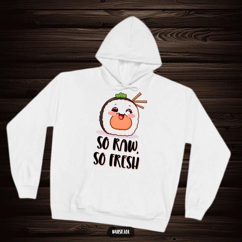 Funny Hoodie featuring a cheerful sushi piece with a wide grin, holding tiny chopsticks, offering warmth and style.