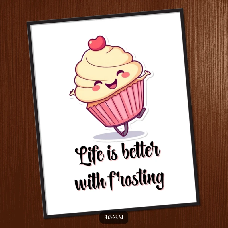 Funny Free Printable Cupcake Wall Art: A cheerful cupcake character in mid-cartwheel, adding a playful and energetic vibe to any wall.