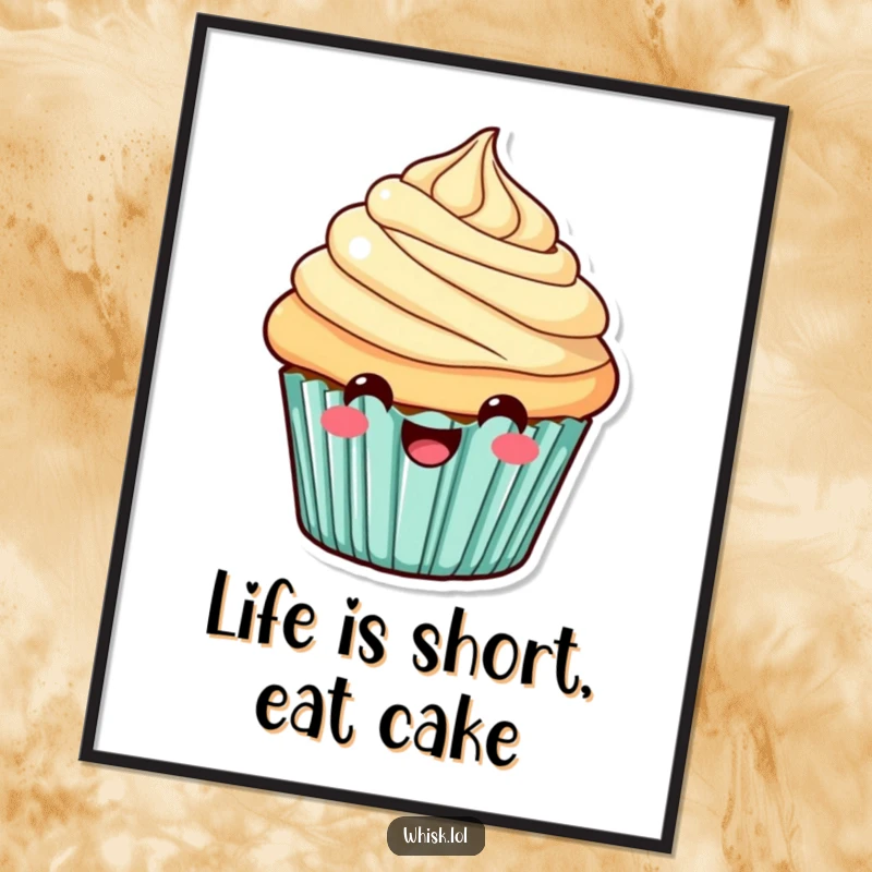Funny Free Printable Cupcake Wall Art: A cheerful cupcake with a huge smile and delicious-looking frosting.