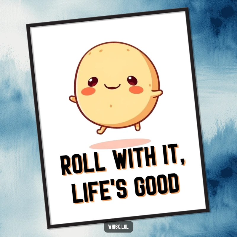 Funny Free Printable Wall Art: A round bread roll with tiny legs happily bouncing, full of life and fun.