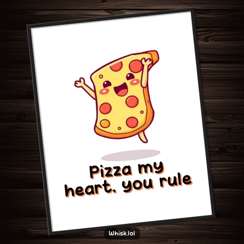 Funny Free Printable Wall Art: A smiling slice of pizza in mid-somersault, radiating pure cheesy joy and fun.