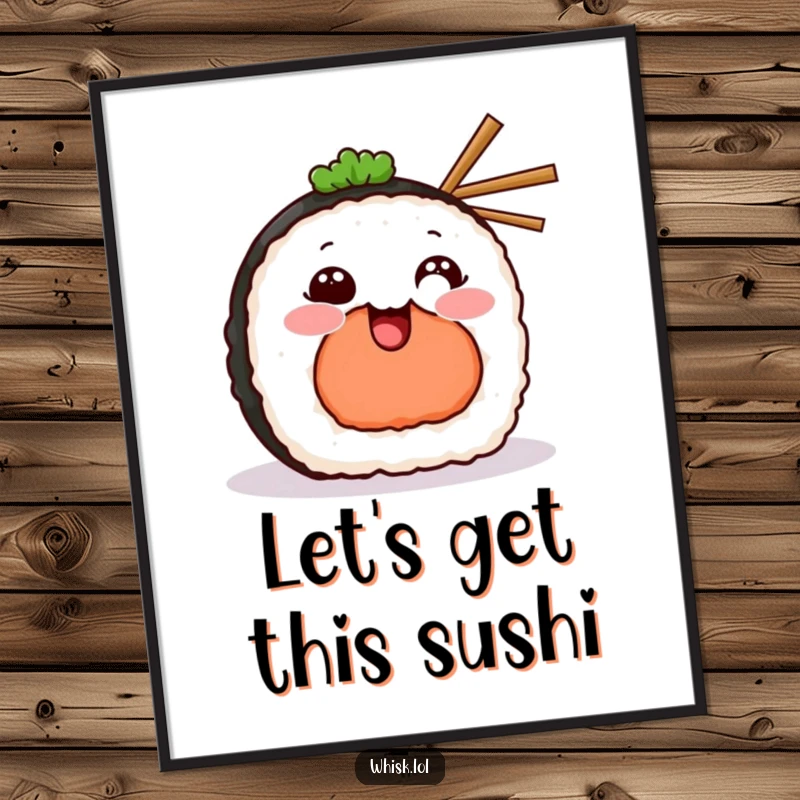Funny Free Printable Sushi Wall Art: A grinning sushi piece holding tiny chopsticks, adding quirky charm.