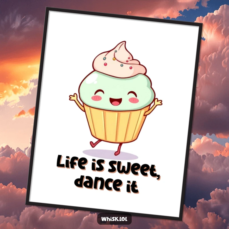 Funny Free Printable Wall Art: Smiling cupcake with tiny legs, doing a joyful jig, a happy and sweet piece.