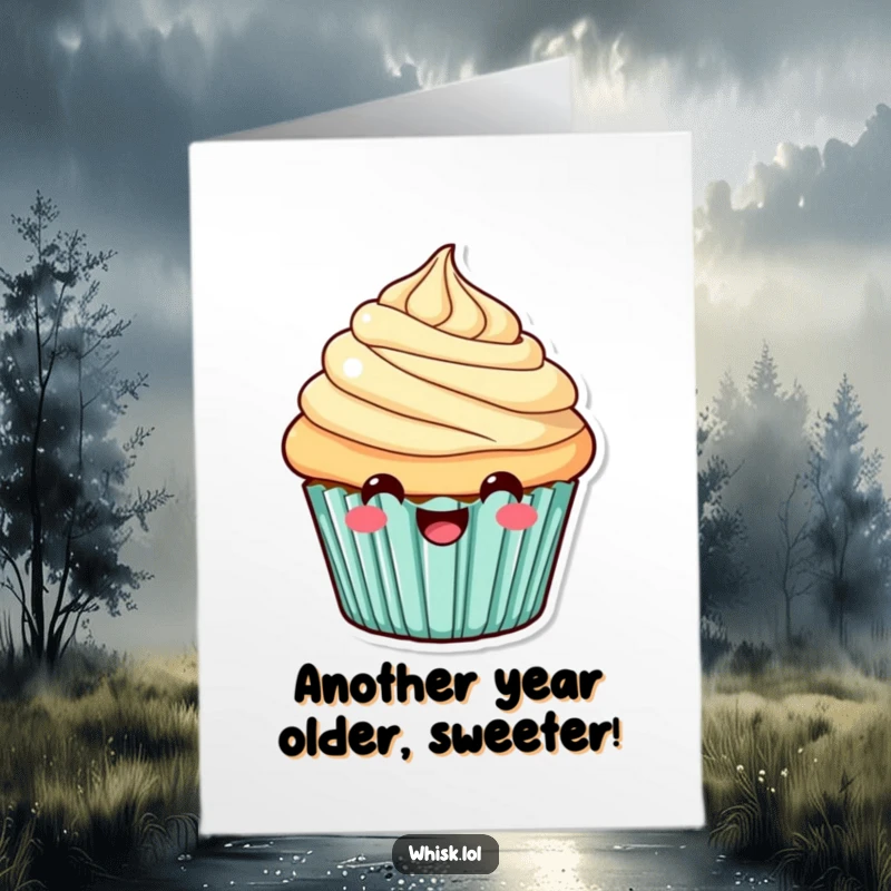 Funny Free Printable Birthday Card: A smiling cupcake with swirling frosting, spreading cheer for your special day.